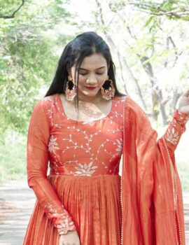 Beautiful Rust Orange Tissue Long Dress with Dupatta