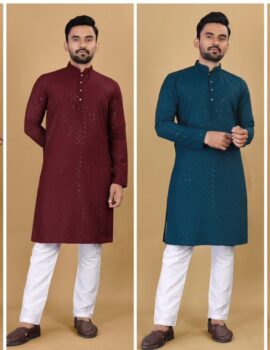 Primeisha Men’s Embroidered Rayon Cotton Full Sleeve Regular Fit Casual Wear Kurta Pyjama