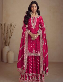 Women Pink Real Chinon Palazzo Suit with Embroidery by Primeisha