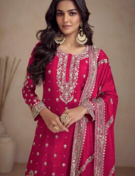 Women Pink Real Chinon Palazzo Suit with Embroidery by Primeisha