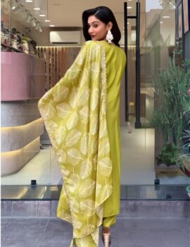 Primeisha Women’s Lemon Yellow BSY Viscose Embroidered Straight Kurta with BSY Viscose Pant And French Crepe Embroidered Laced Dupatta Sets