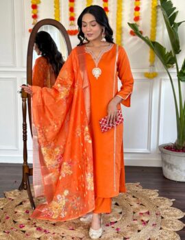 Primeisha Women’s Orange Viscose Chanderi with Lining Embroidered Straight Kurta with Viscose Chanderi Pant And Jacquard Silk Printed Dupatta Sets