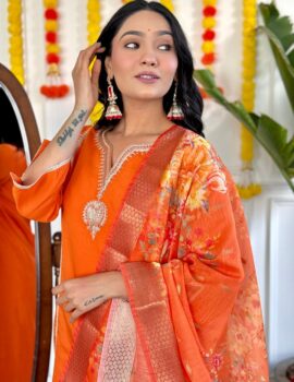 Primeisha Women’s Orange Viscose Chanderi with Lining Embroidered Straight Kurta with Viscose Chanderi Pant And Jacquard Silk Printed Dupatta Sets