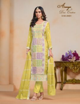 Primeisha Women’ Suite Organza Salwar Kameez With Designer Embroidery Work Semi Stitched