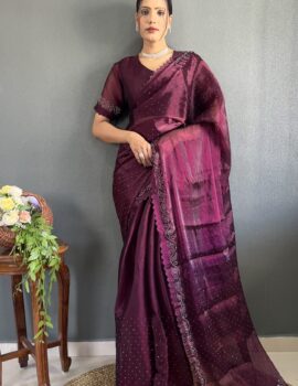 Primeisha Fancy Burberry Silk Stone Work Ready To Wear Saree With Unstitched Blouse Wine