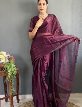 Primeisha Fancy Burberry Silk Stone Work Ready To Wear Saree With Unstitched Blouse Wine