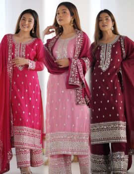 Primeisha Presenting Chinnon Silk Heavy Embroidered Top-Bottom-Dupatta Set