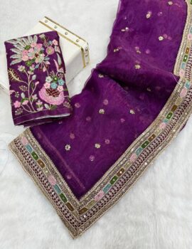 PRIMEISHA Pure Organza Silk Saree with Multi-Thread Sequence Embroidery & Satin Blouse