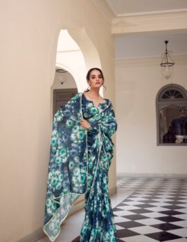 Primeisha presenting Marble Print Floral Saree with Pearl Lace Border – Elegant Weightless Drape