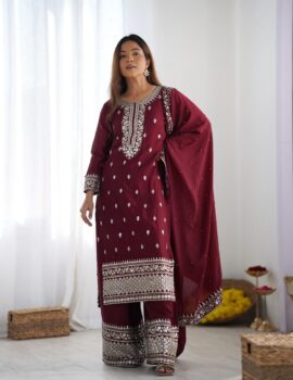 Primeisha Presenting Chinnon Silk Heavy Embroidered Top-Bottom-Dupatta Set